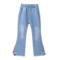 Posijego Baby Kids Girls Bell Bottom Jeans Elastic High Waist Pockets Bow Casual Flare Denim Trousers