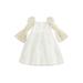 Suanret Little Girls Summer Princess Dress Daisy Print Long Puff Sleeve Dress Square Neck A-Line Dress White 3-4 Years