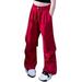 Cargo Pants For Girls Casual High Waisted Drawstring Loose Fit Pockets Kid Cargo Sweatpants Red 120(3 Years-4 Years)