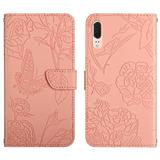 Case For Huawei P20 With Wrist Strap PU Leather Flip Cover Flowers And Butterflies Anti-drop Protection Shockproof Leather Case