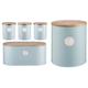 Typhoon Retro Sleek Design Embossed Stripe Stainless Steel Tea Coffee Sugar Cookie Bread Bin Storage Jar Canister Wooden Bamboo Lid Duck Egg/Blue (Tea, Coffee, Sugar, Bread Bin, Cookies Set)