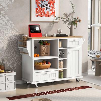 50.80 "W Versatile Solid Wood Countertop Kitchen Island with Storage and Two Locking Wheels