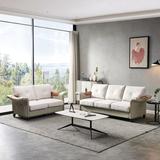 2-Piece Linen Fabric and Faux Leather Loveseat and Sofa Set, Upholstery Mix, Wood Legs, 2+3 Sectional with Storage