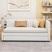 Semi-closed Upholstered Daybed L-shape Guardrail Linen Fabric Sofa Bed with Underbed Wheels No Box Spring Needed Wood Slat Frame