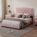 Grounded Wood Slat Bed Plush Velvet Wingback Bed Curve Heart Headboard Edge Rivets Tufted Frame - Regular Low Profile Bed