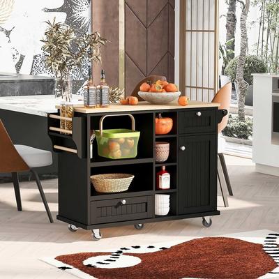 50.80 "W Versatile Solid Wood Countertop Kitchen Island with Storage and Two Locking Wheels