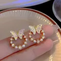 Weiße Acryl Schmetterling Charms Ohr stecker für Frauen Mädchen Imitation Perle Kristall runde Kreis