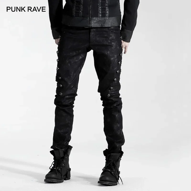 PUNK RAVE Herren-Uniform-Stil, Steampunk-Straße, hübsche gerade elastische Hose, modische schwarze Nieten-Bleistifthose für Männer