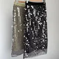 Women Midi Skirt High Waist Show Thin Sequins Sparkle Loose Straight Tube Black Skirt High Street