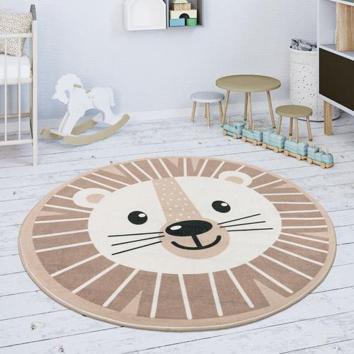 Paco Home - Kinderteppich Teppich Rund Kinderzimmer Spielmatte Rutschfest Löwen Beige 80 cm Rund