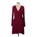 Express Casual Dress - Wrap V Neck Long sleeves: Burgundy Solid Dresses - Women's Size Large