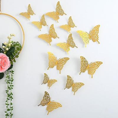 12 goldene Schmetterlingsdekorationen – 3D-Wandkunst für Partys, Bastelarbeiten und Babypartys – einfach anzubringende Aufkleber für eine schöne und elegante Dekoration. Image