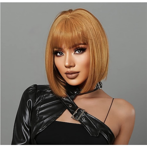 Kurze Bob-Perücke mit Pony, hitzebeständige, glatte Kunsthaarperücken für Damen, süßes dunkles Aschblond mit Blond gemischt, 10 Zoll, Hellbraun, Schwarzbraun, Hellblond, Blond Image