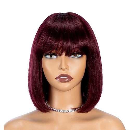 Kurze Bob-Perücken aus Echthaar, 20 cm, klebefrei, zum Tragen und Gehen, Bob-Perücke mit Pony, Echthaarperücken für schwarze Frauen, Echthaar, glattes brasilianisches Haar, keine Spitzenfront, Image