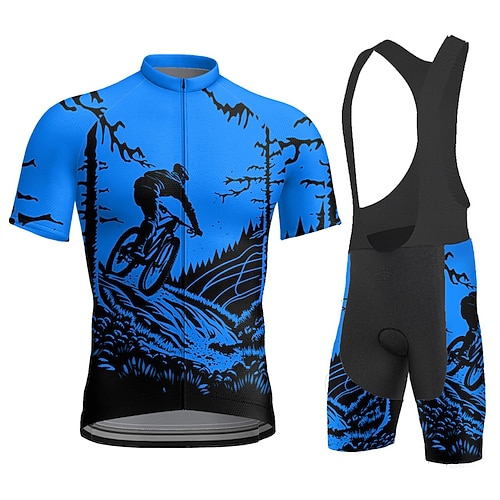 Herren Radtrikot mit Trägershorts Kurzarm Mountainbike MTB Straßenradsport Sommer Blau Gelb Rote Grafik Fahhrad 3D-Polster Schnelltrocknend Rückentasche Feuchtigkeitsableitend Atmungsaktiv Spandex Image