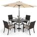 durable & William Outdoor 6 Pieces Dining Set with 4 Rattan Chairs 1 Metal Table and 1 10ft 3 Tier Auto-tilt Umbrella(No Base) Orange Red Modern Patio Furniture for Poolside Porch
