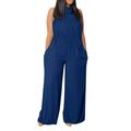 Ersazi Adult Onsie Women Casual One-Piece Wide Leg Jumpsuits Halter Solid Rompers Loose Summer Formal Jumpsuit On Clearance Navy L