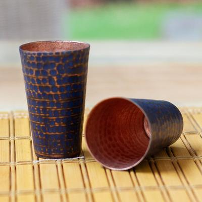 Cheers in Blue,'2 Blue Hammered Oxidized Recycled Copper Tequila Cups'