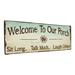 August Grove® Welcome To Our Porch Metal Sign On Metal Print in Blue/Brown | 5.75 H x 15.5 W x 0.04 D in | Wayfair B8C49963B6C649CF92540480A0BEBD2E
