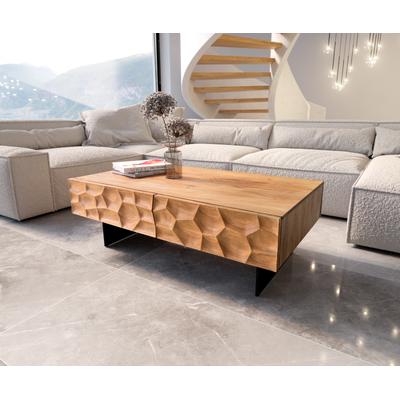 DELIFE Couchtisch Solu 120x70 cm Akazie Natur 4 Schübe Fuß schwebend Metall Schwarz 3D-Front, Couchtische