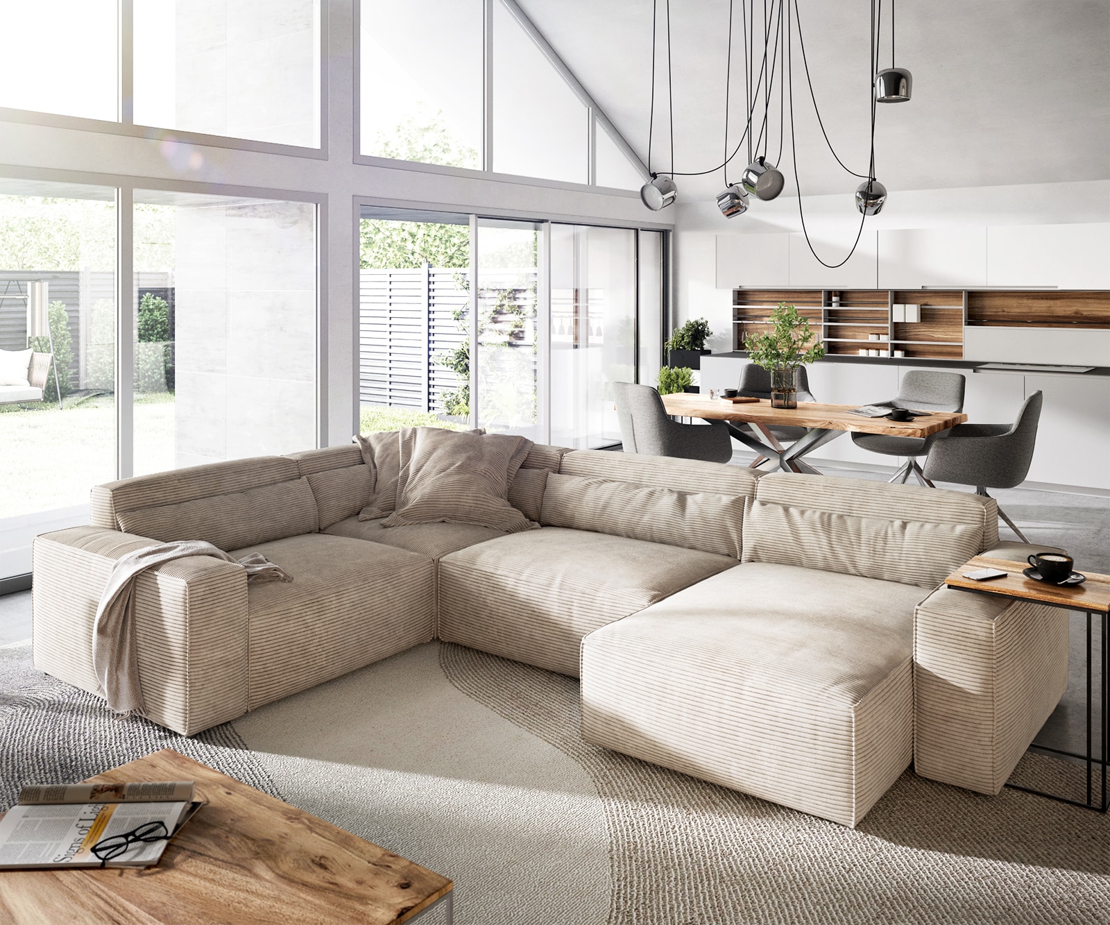DELIFE Wohnlandschaft Sirpio 300x200 cm Cord Beige Recamiere variabel, Wohnlandschaften Image