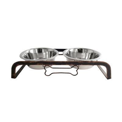 American Pet Supplies Country Living Elevated Rustic Design Dog Bone Feeder with 2 Stainless Steel Bowls