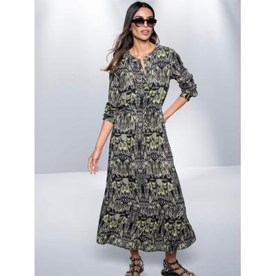 Druckkleid HEINE "Druck-Kleid", Damen, Gr. 42, Normalgrößen, schwarz (khaki, schwarz, bedruckt), 100% Viskose, gemustert, mehrfarbig, bedruckt, lang, Rundhals, Langarm, Kleider