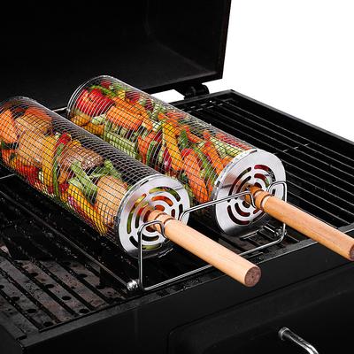 Rolling Grill Basket - SUS304 Stainless Steel Barbecue Cooking Grill Grate - Outdoor Round BBQ Campfire Grill Grid - Camping Picnic Cookware