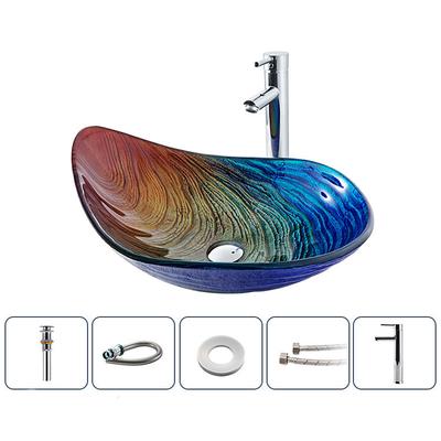 Bathroom Vessel Sink Rectangular 21x15, Sink Mixer Faucet and Drain Combo with Pop-up Drain, Boat Shape Color Tempered Glass Artistic Vanity Sink Bowl, Above Counter Washroom Sink Art Wash Basin