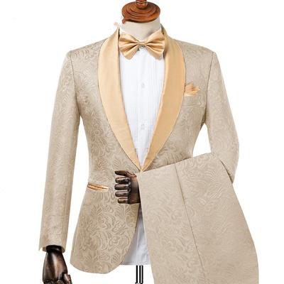 Men's Wedding Prom Suits Black Champagne Jacquard Floral Tailored Fit 2 Piece Single Breasted One-button