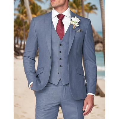 Men's Wedding Party Linen Suits White Dusty Blue Dress Summer Solid Colored Tailored Fit 3 Piece Single Breasted One-button