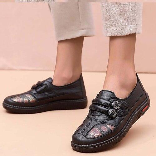 Damen Slip-Ons Komfort Schuhe Täglich Gehen Feste Farbe Blumen Sommer Blume Flacher Absatz Runde Zehe Vintage Modisch Brautkleider schlicht Kunstleder Halbschuhe Schwarz Rote