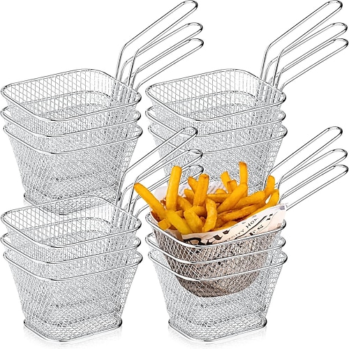 12 Stück Mini-Frittierkorb, quadratisch, Pommes-Frites-Korb aus Stahl, Lebensmittelkörbe zum Servieren, Frittierkorb aus Edelstahl mit Griff, wiederverwendbarer Pommes-Frites-Halter, Mini-Fritteuse Image