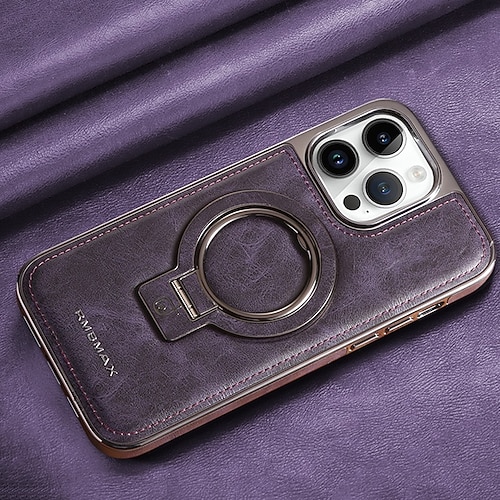 Handy Hülle Handyhüllen Für iPhone 16 15 14 Pro Max Plus 13 12 11 Pro Max Rückseite Ringhalter Magnetisch Unterstützt kabelloses Laden Retro Echtes Leder Edelstahl Image