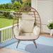 Wicker Egg Chair Oversized Indoor Outdoor Lounger for Patio Backyard Living Room w/ 5 Cushions Steel Frame - Beige