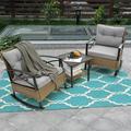 3pcs Outdoor Wicker Rocking Chair Set Wholes Leisure Chair with 2 Rocking Chairs and Unbreakable Steel Table Patio Furniture Set with Thickened Cushion for Outdoor Living Room Relax Garden Grey