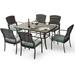 simple Dining Set for 6 7 PCS Patio Table & Chair Set Metal Slatted Table with 2 Umbrella Hole All-Weather Wicker Patio Dining Furniture with Removable Cushions for Deck Lawn