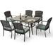 Dining Set for 6 7 PCS Patio Table & Chair Set Metal Slatted Table with 2 Umbrella Hole All-Weather Wicker Patio Dining Furniture with Removable Cushions for Deck Lawn Garde