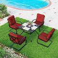 Patio Dining Set for 4 Outdoor Furniture Square Bistro Table with 1.57 Umbrella Hole 4 Spring Motion Chairs with Cushion Burgundy for Backyard Garden Lawn