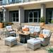 HOOOWOOO 7 Piece Outdoor Furniture Sofa Set Wicker Rattan Patio Conversation Set with Swivel Rocking Chair and Fire Pit Table Grey