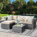 simple Outdoor Furniture Patio Sets Low Back All-Weather Small Rattan Sectional Sofa with Tea Table&Washable Couch Cushions Upgrade Wicker Silver Gray Rattan 3-Piece (Aegean Blue)