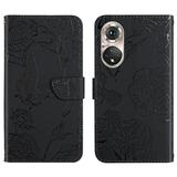 Case For Huawei P50 Flowers And Butterflies Shockproof Leather Case PU Leather Flip Cover With Wrist Strap Anti-drop Protection