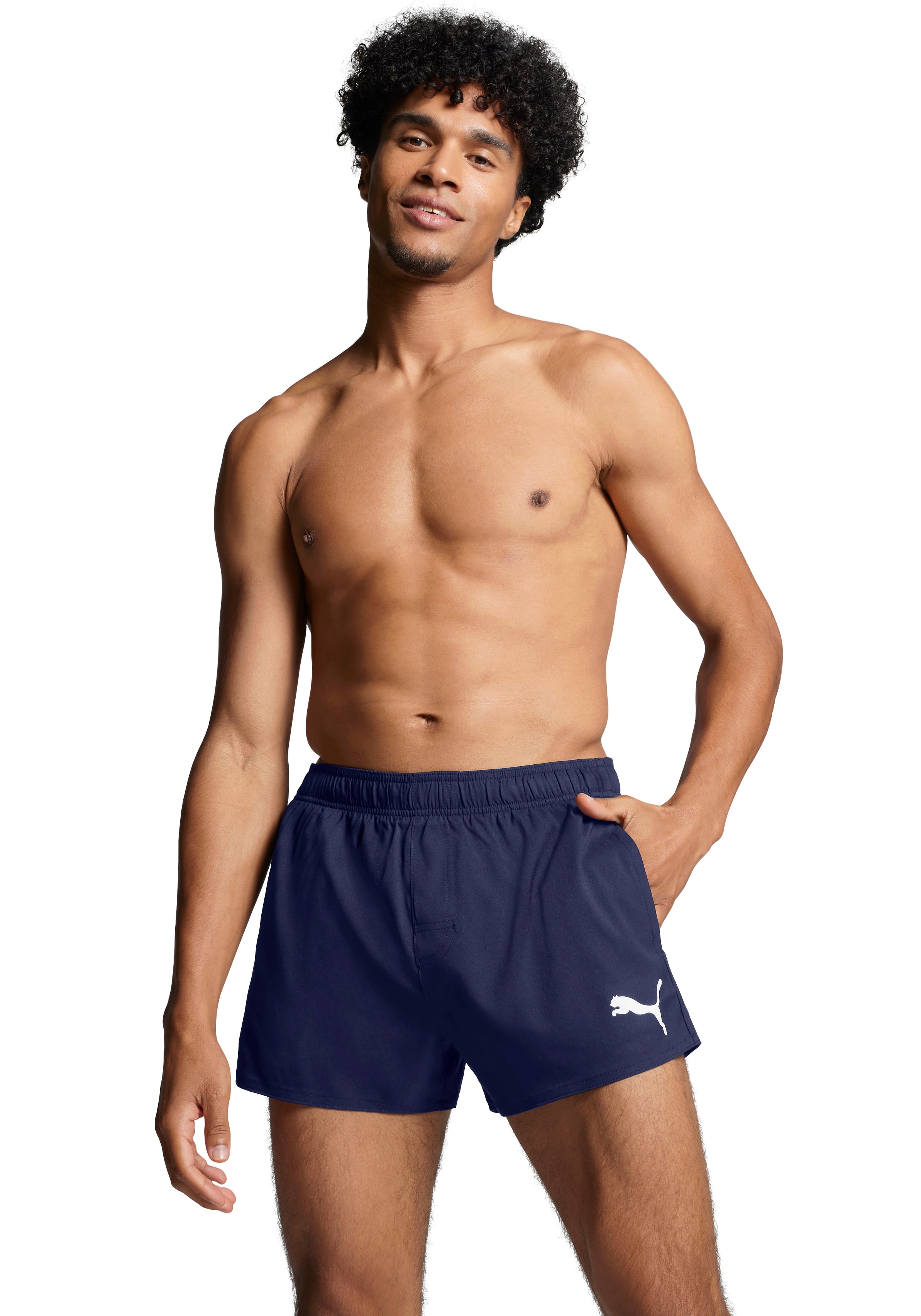 Badeshorts PUMA "PUMA SWIM MEN SHORT SHORTS 1P", Herren, Gr. XS, N-Gr, blau (navy), Web, Polyester, unifarben, Badehosen, mit Seitentaschen Image