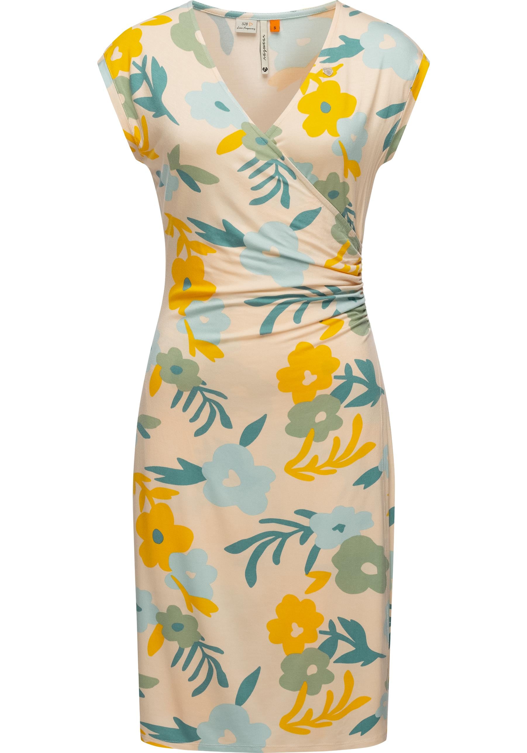 Etuikleid RAGWEAR "Crupi Print", Damen, Gr. M (38), Normalgrößen, beige, Material: 95% Viskose, 5% Elasthan, figurbetont ca. Mitte Oberschenkel, tiefer V-Ausschnitt, Ärmel ohne Ärmelschlitz normaler Saum, Kleider Etuikleid, figurbetontes Sommerkleid...