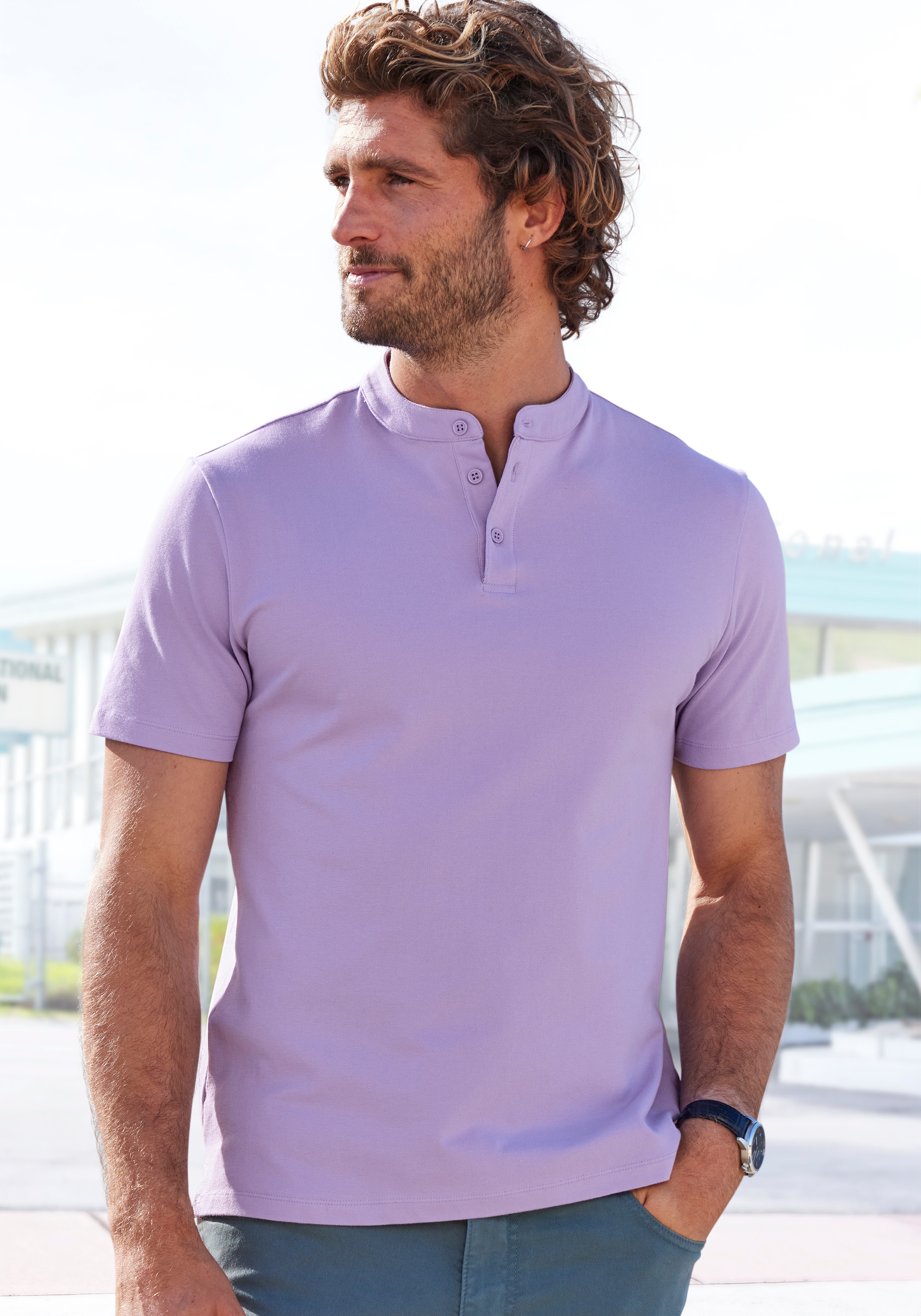 Poloshirt JOHN DEVIN "mit Stehkragen", Herren, Gr. M (48/50), lila, Piqué, Obermaterial: 100% Baumwolle, unifarben, regular fit normal, Rundhals, abgesteppte Kante, Shirts, Regular-Fit, aus Baumwoll-Piqué