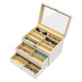 Eyeglasses Organiser, 24 Slot Sunglasses Display Storage Box, 3-Layer Jewellery Organiser with 2 Drawers, Glass Lid & Secure Locking Clasp, for Storing Glasses, Sunglasses, Bracelets, Watches
