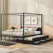 Queen Size Metal Canopy Platform Bed with Twin Size Trundle and 3 Storage Drawers