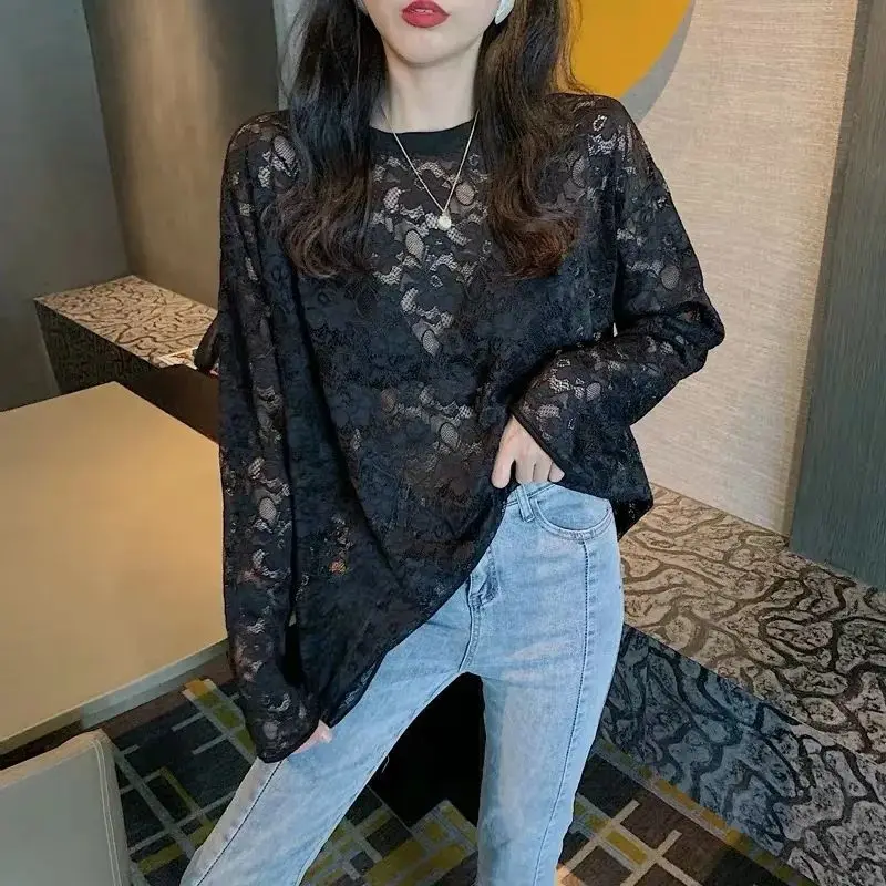 Woman T-shirt Sexy Lace Clothing Youth Tee Black Top for Women Plain Tshirt Loose Sale Long Sleeve Cool 2025 Aesthetic Wholesale
