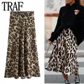 TRAF Leopard Print Satin Skirt Women High Waist Vintage Midi Skirt Woman Fashion Elegant Long Skirts