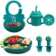 5PCS Dinosaur Shape Baby Feeding Set Silicone Suction Plate Spoon Fork Sippy Cups Adjustable Bibs